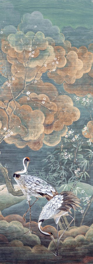 Vliesová obrazová tapeta na zeď, zelená, bílá, letící jeřábi, DGTRA4033-300, Traces, Masureel - Masureel