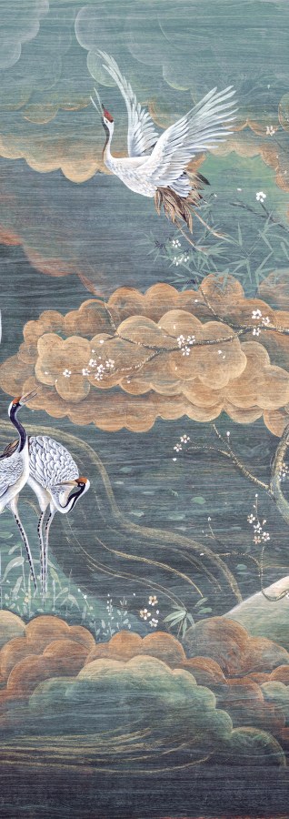 Vliesová obrazová tapeta na zeď, zelená, bílá, letící jeřábi, DGTRA4032-300, Traces, Masureel - Masureel