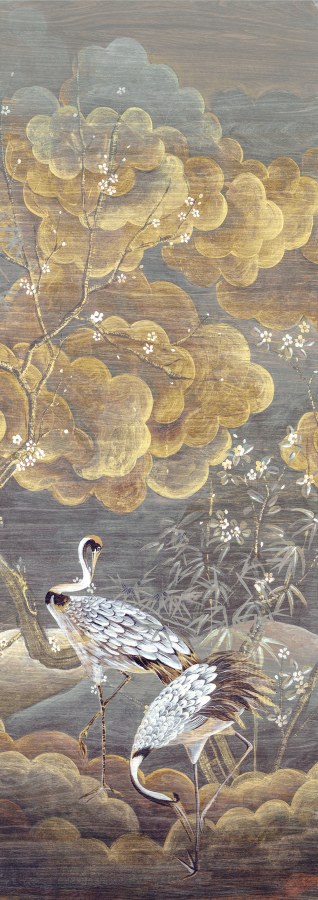 Vliesová obrazová tapeta na zeď, šedá, bílá, letící jeřábi, DGTRA4023-300, Traces, Masureel