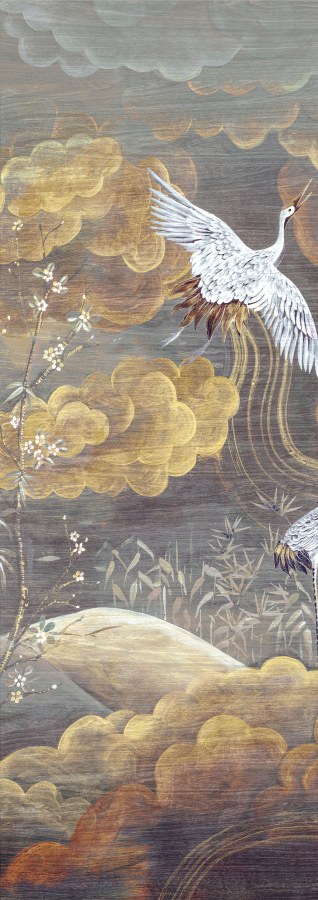 Vliesová obrazová tapeta na zeď, šedá, bílá, letící jeřábi, DGTRA4021-260, Traces, Masureel