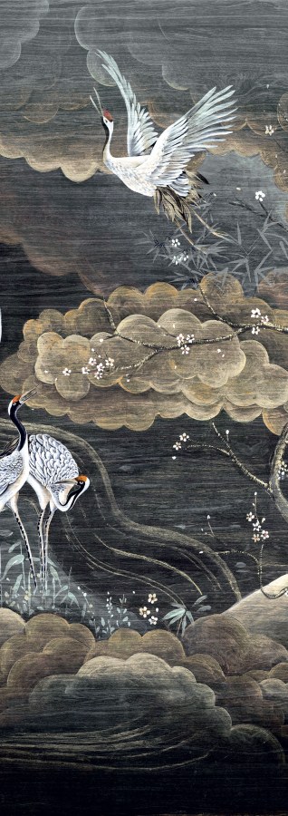 Vliesová obrazová tapeta na zeď, černá, šedá, letící jeřábi, DGTRA4012-300, Traces, Masureel - Masureel