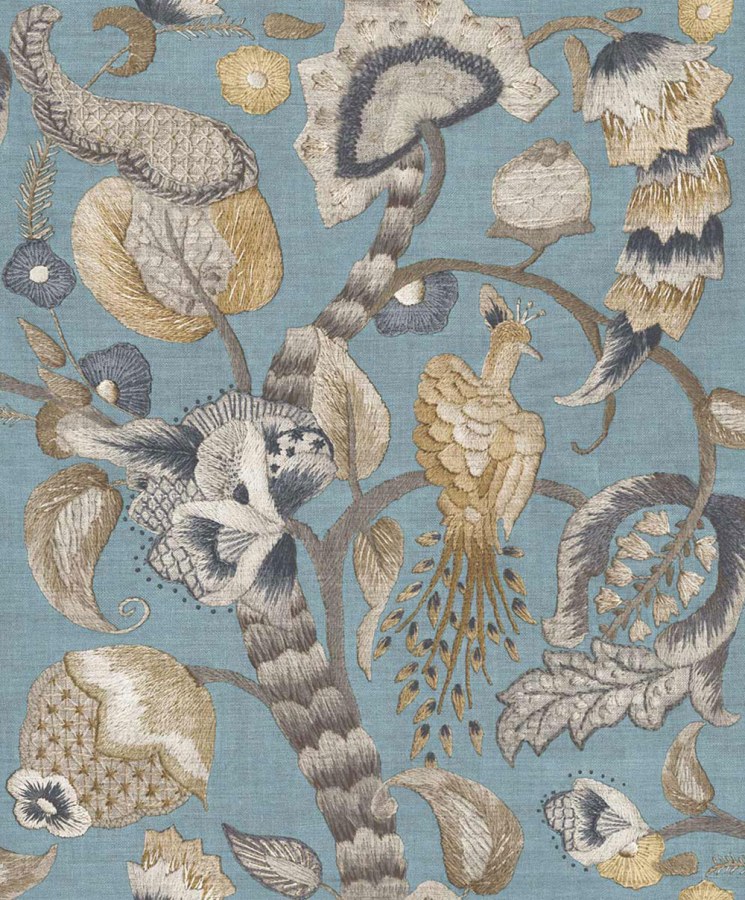 Vliesová tapeta na zeď, modrá, šedá, kvetoucí větvičky, ptáci, 5807p, Jaipur Parato by Cristiana Masi - Parato by Cristiana Masi