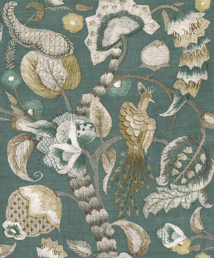 Vliesová tapeta na zeď, zelená, šedá, kvetoucí větvičky, ptáci, 5806p, Jaipur, Parato by Cristiana Masi - Parato by Cristiana Masi