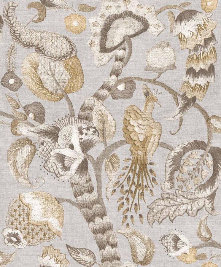 Vliesová tapeta na zeď, šedá, béžová, kvetoucí větvičky, ptáci, 5801p, Jaipur, Parato by Cristiana Masi - Parato by Cristiana Masi