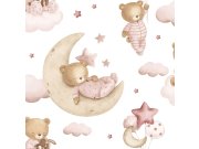 Dětská vliesová tapeta na zeď, růžová, hnědá, medvídci, hvězdičky a balony, 4402, Momi, Parato by Cristiana Masi