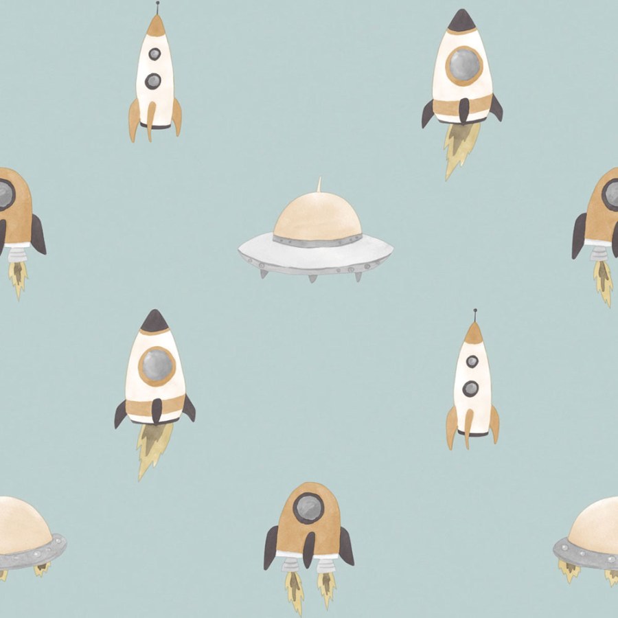 Dětská vliesová tapeta na zeď, modrá, žlutá, vesmírné lodě, 4426, Momi, Parato by Cristiana Masi - Parato by Cristiana Masi