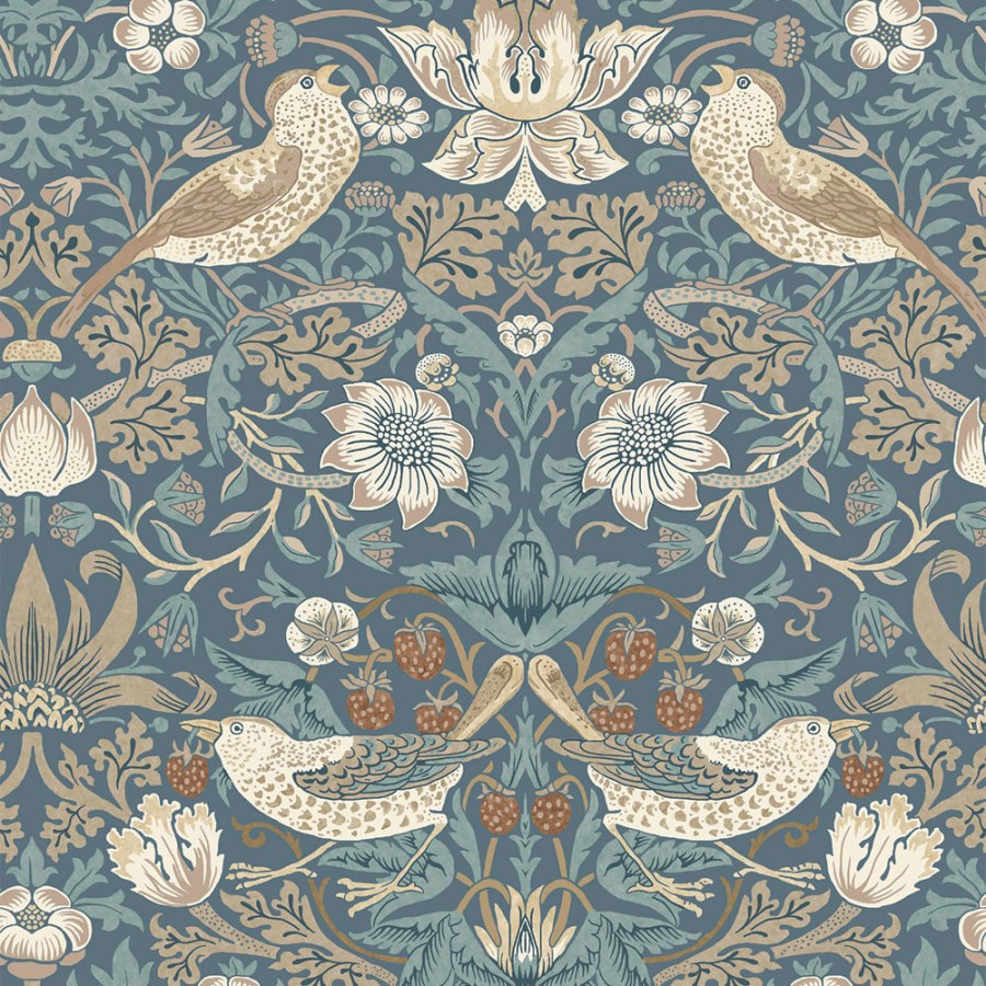 Vliesová tapeta na zeď, modrá, béžová, květiny, ptáci, 140503, William Morris at Home vol. 2 - William Morris At Home