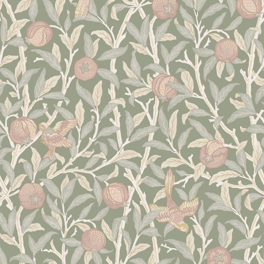 Vliesová tapeta na zeď, zelená, růžová, větvičky, ptáci, 140502, William Morris at Home vol. 2 - William Morris At Home