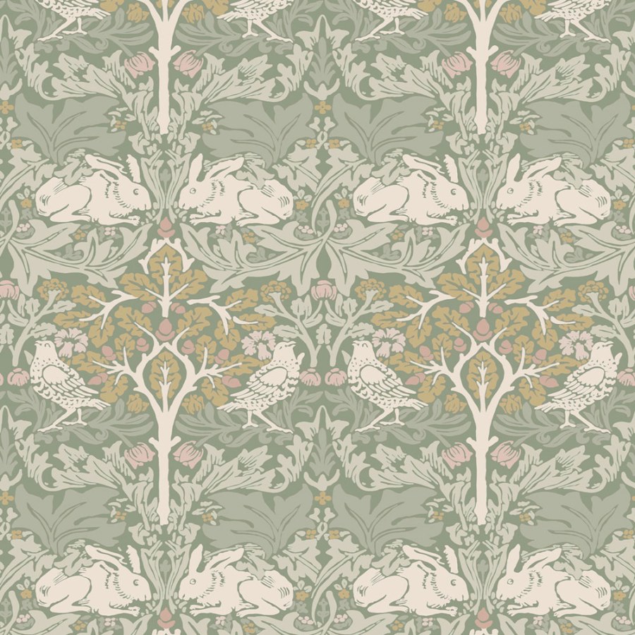 Vliesová tapeta na zeď, šedá, zelená, listy, stromy, ptáci, zajíčci, 140500, William Morris at Home vol. 2 - William Morris At Home
