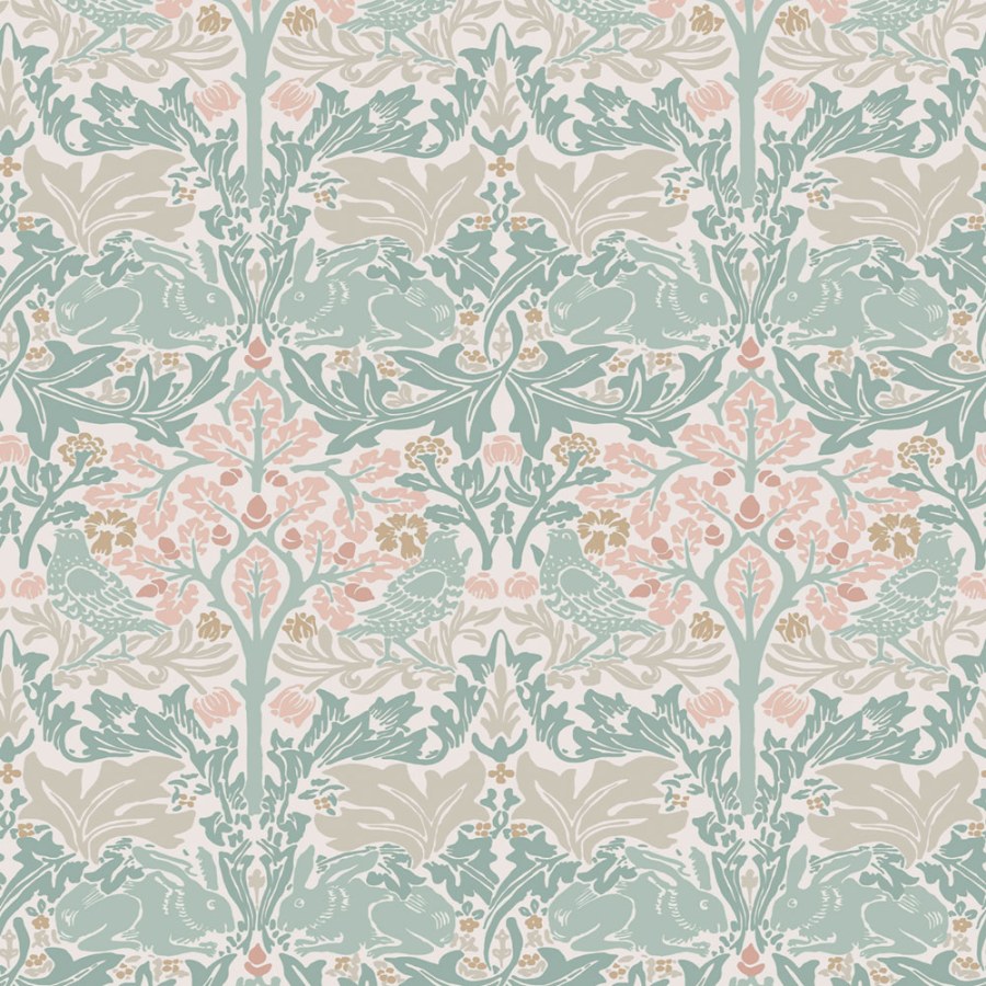 Vliesová tapeta na zeď, zelená, růžová, listy, stromy, ptáci, zajíčci, 140499, William Morris at Home vol. 2 - William Morris At Home