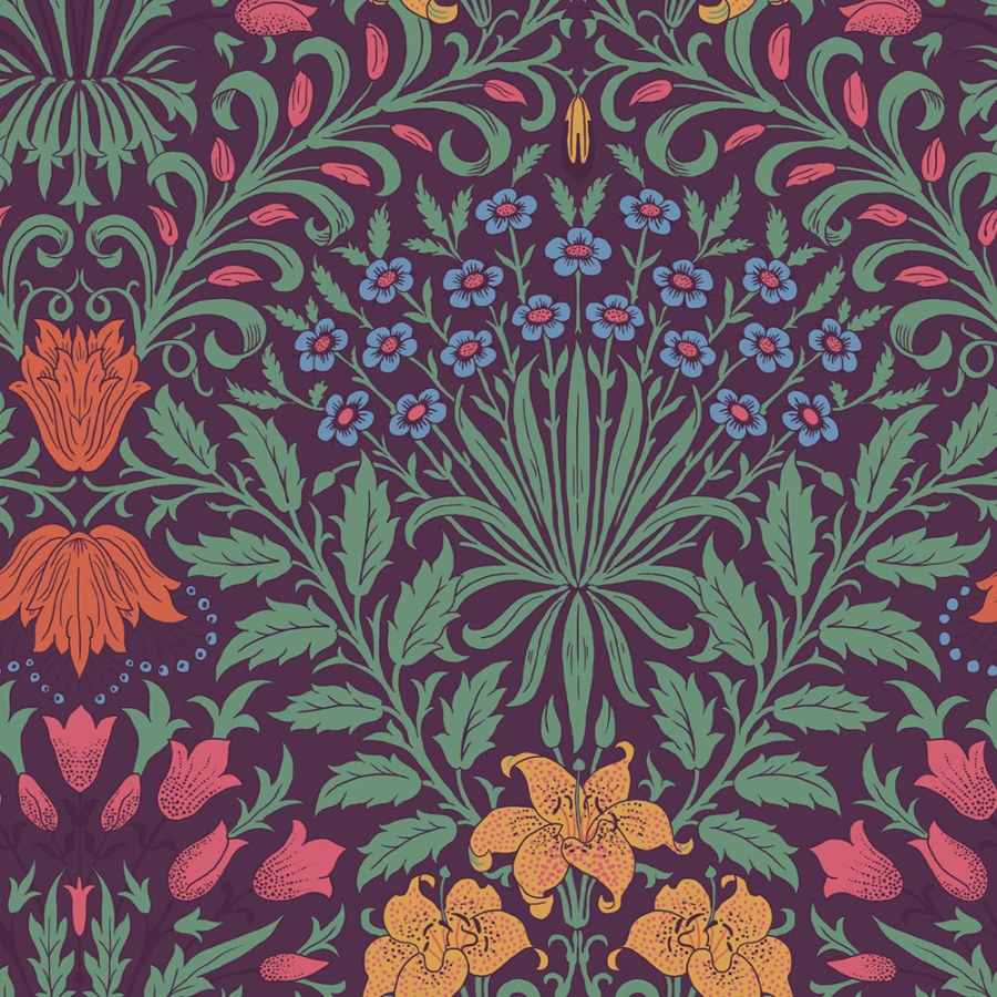 Vliesová tapeta na zeď, fialová, zelená, květiny, listy, 140498, William Morris at Home vol. 2 - William Morris At Home