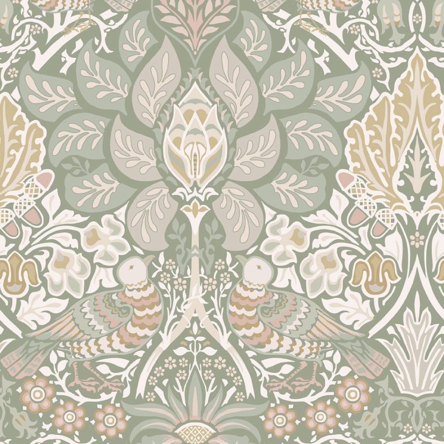 Vliesová tapeta na zeď, zelená, růžová, květiny, ptáci, 140482, William Morris at Home vol. 2 - William Morris At Home