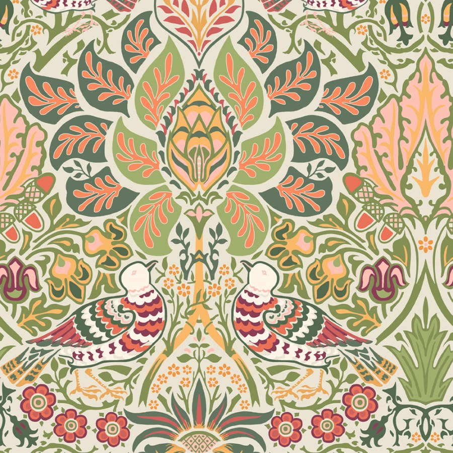 Vliesová tapeta na zeď, olivová, červená, květiny, ptáci, 140481, William Morris at Home vol. 2 - William Morris At Home