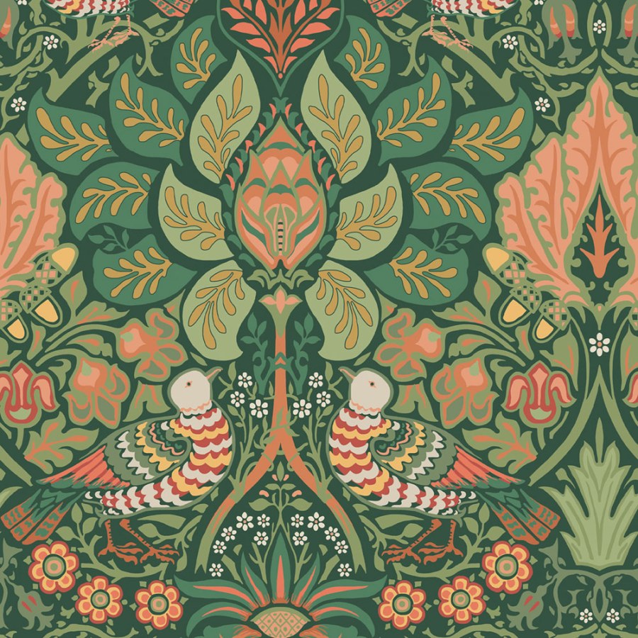 Vliesová tapeta na zeď, zelená, červená, květiny, ptáci, 140480, William Morris at Home vol. 2 - William Morris At Home