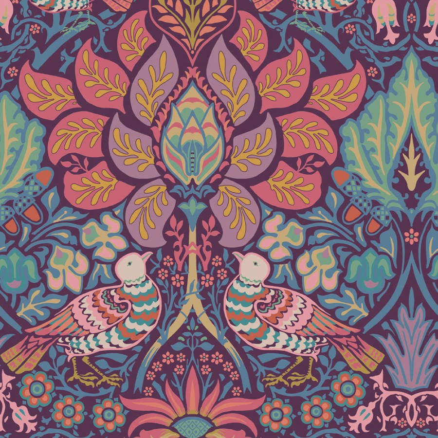Vliesová tapeta na zeď, fialová, růžová, květiny, ptáci, 140478, William Morris at Home vol. 2 - William Morris At Home