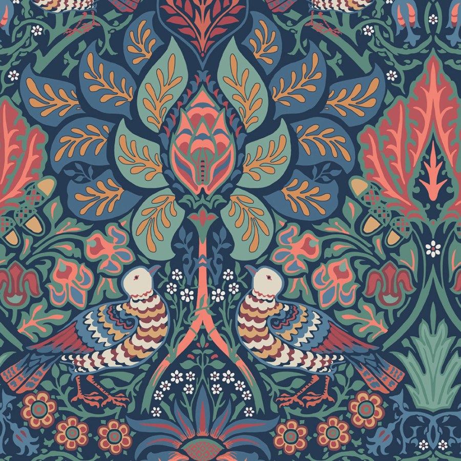 Vliesová tapeta na zeď, modrá, oranžová, květiny, ptáci, 140477, William Morris at Home vol. 2 - William Morris At Home