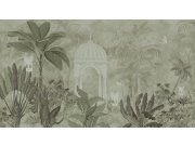 Vliesová brazová tapeta na zeď, zelená, šedá, domek v džungli, 30197, The New Bombay Design Edition, Marburg