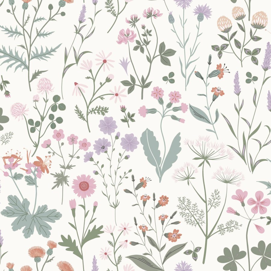 Bijela vliesová tapeta na zeď, luční květiny, 139482, Bloom, Vintage Flowers, Esta Home
