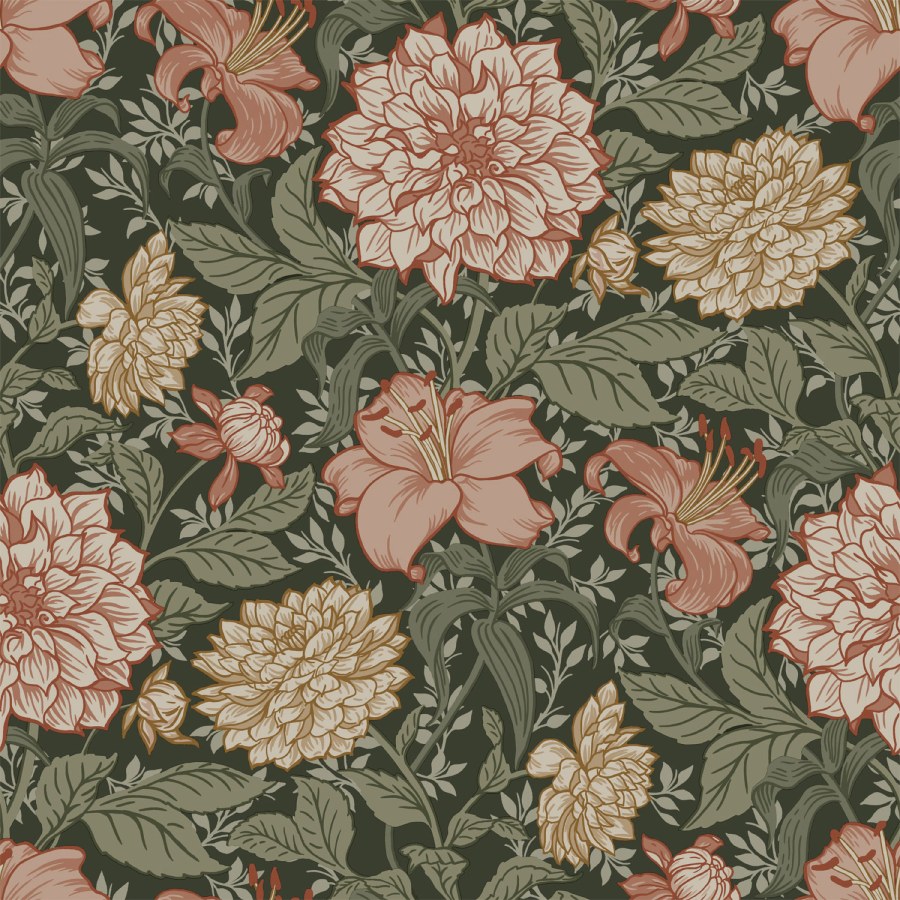 Crna vliesová květinová tapeta na zeď, 139381, Vintage Flowers, Esta Home Crna vliesová květinová tapeta na zeď, 139381, Vintage Flowers, Esta Home