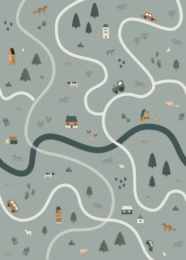 Flisová obrazová tapeta Farma, silnice, traktory 159056, 200 x 279 cm, Forest Friends, Esta