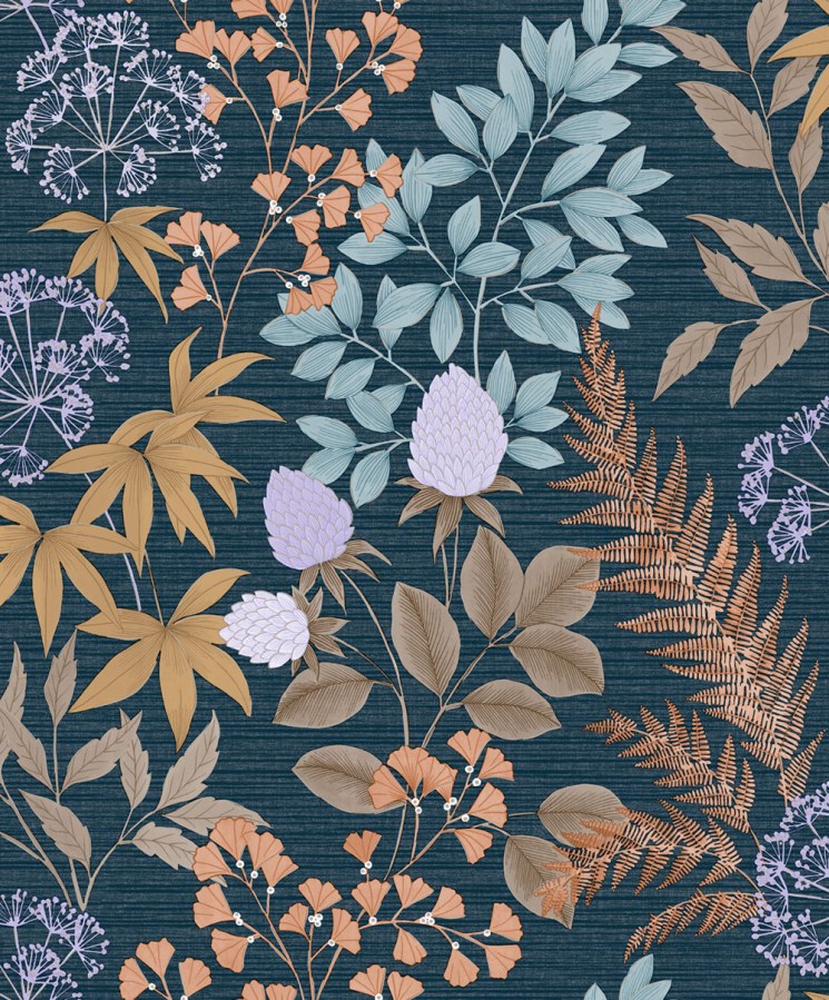 Vliesová tapeta na zeď, tmavě modrá, fialová, květiny, listy, M87101, Flora, Ugépa - Ugépa