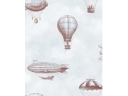 Dětská vliesová tapeta na zeď, bledě modrá, vínová, balóny, vzducholodě, 363121, Tiny Treasures, Eijffinger