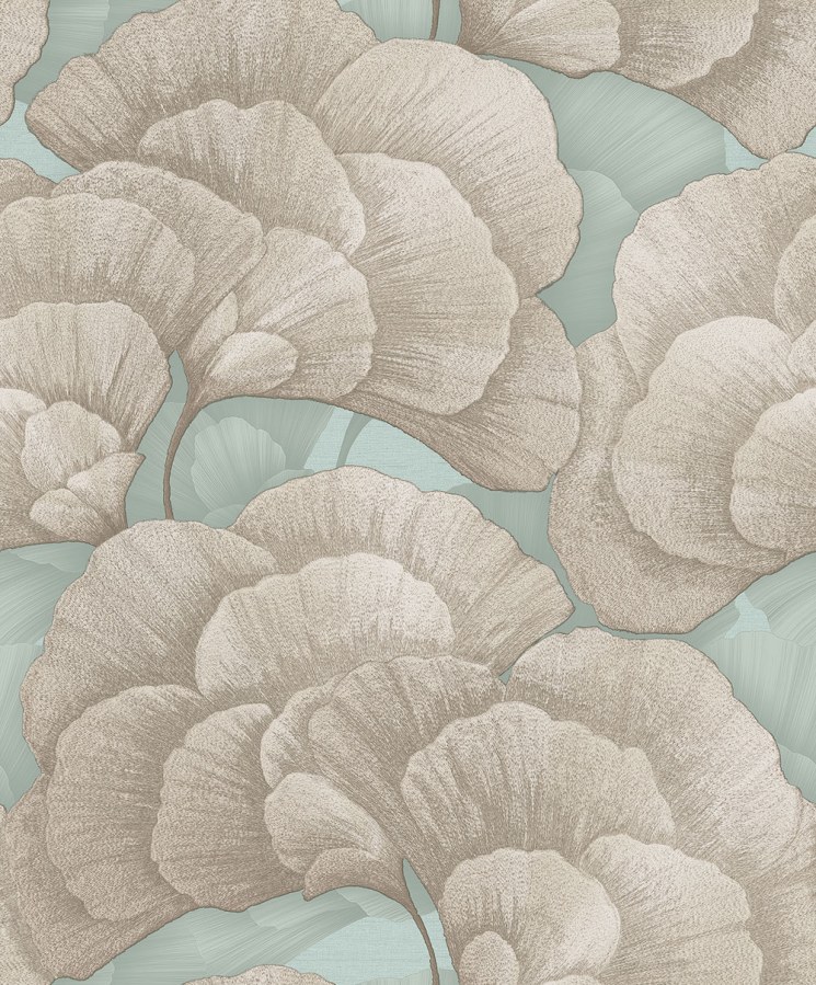Vliesová tapeta na zeď, tyrkysová, zlatá, listy Gingka, RE521015, Renaissance, Design Id - Design ID