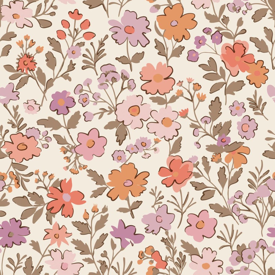 Dětská tapeta s květinami, fialová, oranžová, 131327, Floral Fever, Esta Home - Esta Home