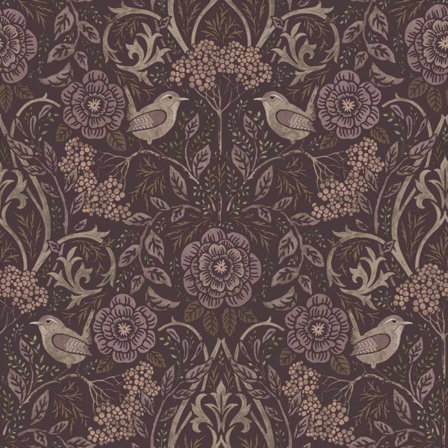 Tapeta s květinami a ptáky, purpurová fialová, 131208, Floral Fever, Esta Home
