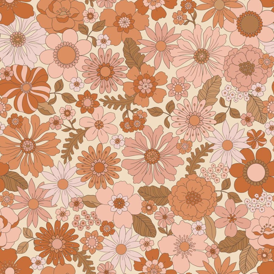 Tapeta s retro květinovým vzorem, béžová, oranžová, 130962, Floral Fever, Esta Home