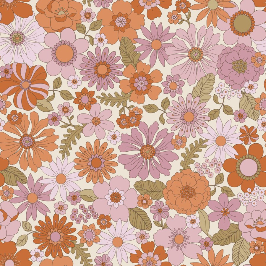 Tapeta s retro květinovým vzorem, bílá, oranžová, 130961, Floral Fever, Esta Home - Esta Home