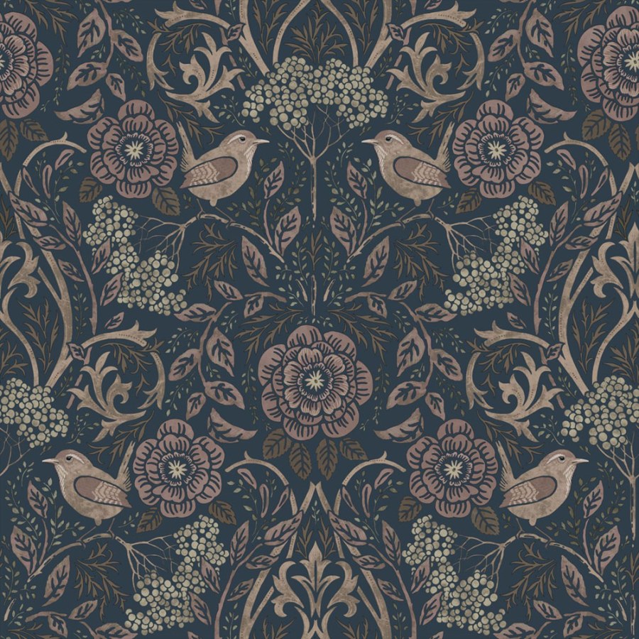 Tapeta s květinami a ptáky, modrá, starorůžová, 139832, Floral Fever, Esta Home Tapeta s květinami a ptáky, modrá, starorůžová, 139832, Floral Fever, Esta Home