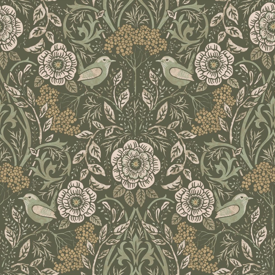 Tapeta s květinami a ptáky, zelená, 139831, Floral Fever, Esta Home Tapeta s květinami a ptáky, zelená, 139831, Floral Fever, Esta Home